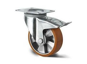 4260475210410 - CASCOO Lenkrolle BAU5 mit Totalfeststeller Rad-ø 125 mm x B 50 mm Aluminium-Felge Polyurethan-Lauffläche braun Doppelkugellager bis 500 kg