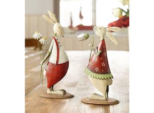 4260475571122 - 2 Dekohasen Blümchen aus Metall 16 + 20 cm hoch Hasenpaar Osterdeko Dekofigur Osterhase Figurenset