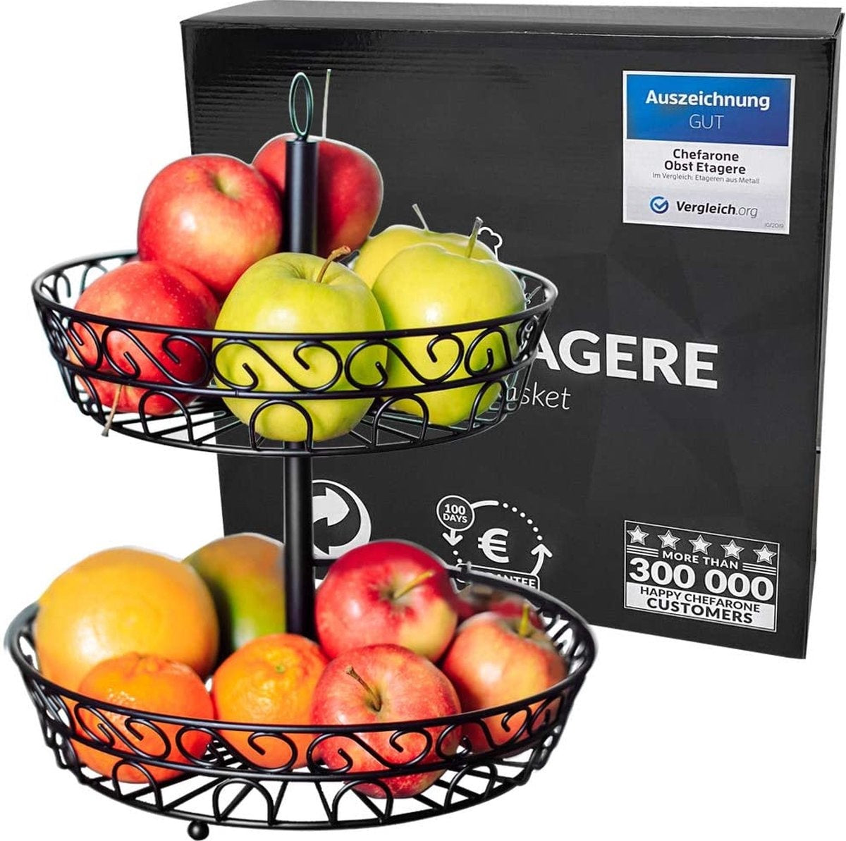 4260489780329 - Chefarone Obst Etagere - Obstkorb - Obstschale - Gemüsekorb - Aufbewahrung - 2 Schichten - Metall - Schwarz