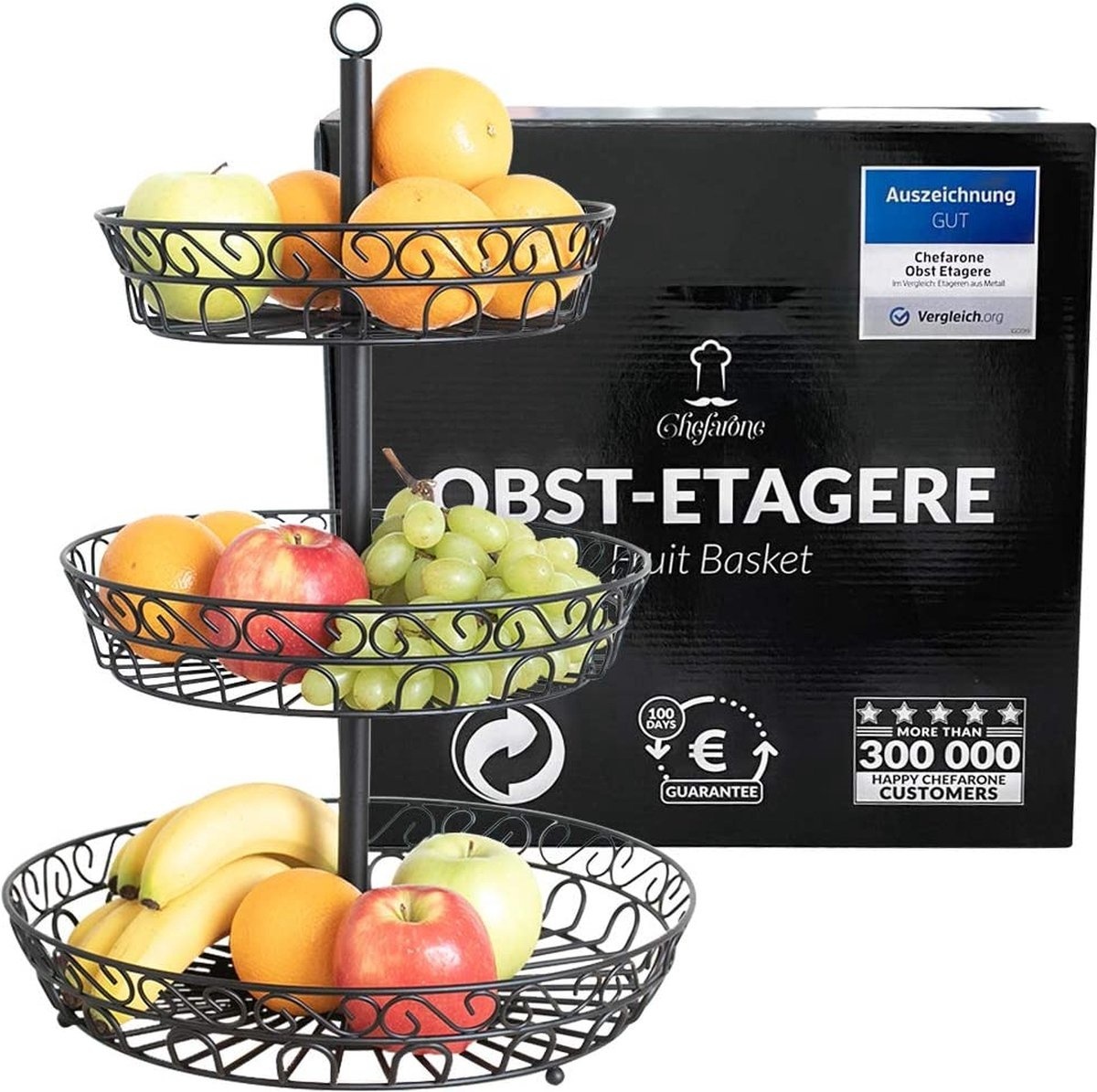 4260489780534 - Obst Etagere - Obstkorb - Obstschale - Gemüsekorb - Aufbewahrung - 3 Schichten - Metall - Schwarz