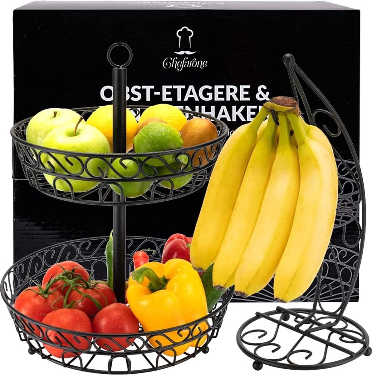 4260489780602 - Chefarone Obst-Etagere mit Bananenständer - Obstkorb - Bananenhalter - Obstschale - Gemüsekorb - 2 Schichten - Metall - Schwarz