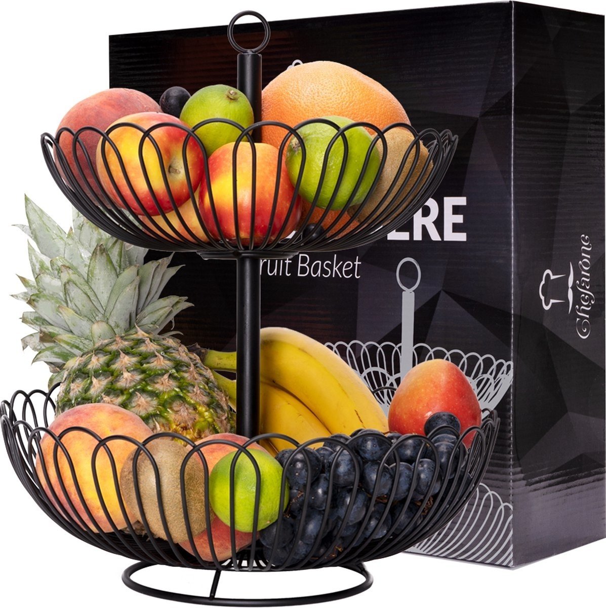 4260489780633 - Chefarone Obst Etagere - Obstkorb - Obstschale - Gemüsekorb - Aufbewahrung - 2 Schichten - Metall - Schwarz