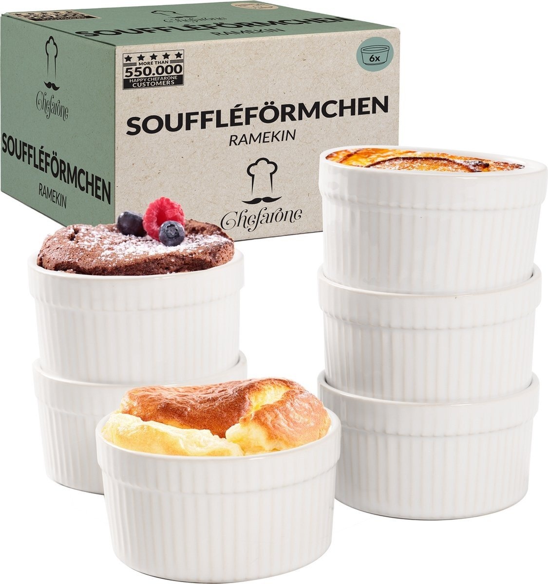 4260489781272 - Creme Brulee Schalen - 6 Mini Backofen Schalen - Ramekin Schalen Keramik - Souffle Schalen 200 ML - Kochen mit Kindern - Dessert Schalen - Weiß