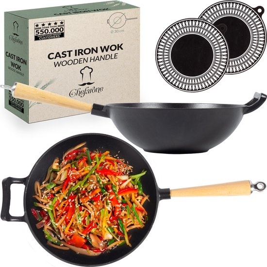 4260489781296 - Gusseisen Wok Pfanne 30CM - Wok Set Wok Pfanne Induktion - Antihaft-Emaille-Beschichtung - Backofen geeignet Abnehmbarer Holzgriff - Bratpfanne aus Gusseisen - Flacher Boden - Wadjan-Alternative - Langlebig   Lebenslanger Gebrauch - Schwarz   H