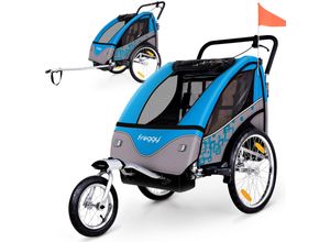 4260495750446 - FROGGY Kinder Fahrradanhänger 360° Drehbar mit Federung - 2in1 Joggerfunktion + 5-Punkt Sicherheitsgurt Jogger Fahrrad Kinderanhänger für 1 bis 2 Kinder max 40kg Cyan