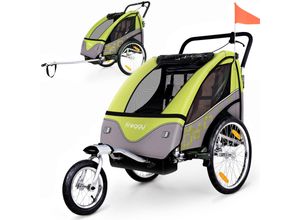 4260495750453 - FROGGY Kinder Fahrradanhänger 360° Drehbar mit Federung - 2in1 Joggerfunktion + 5-Punkt Sicherheitsgurt Jogger Fahrrad Kinderanhänger für 1 bis 2 Kinder max 40kg Apple