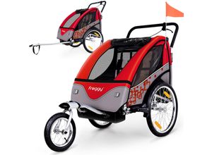 4260495756059 - FROGGY Kinder Fahrradanhänger 360° Drehbar mit Federung - 2in1 Joggerfunktion + 5-Punkt Sicherheitsgurt Jogger Fahrrad Kinderanhänger für 1 bis 2 Kinder max 40kg Cherry