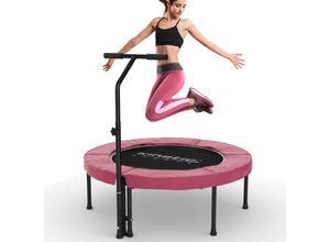 4260495756608 - KINETIC SPORTS Fitness Trampolin Indoor Ø 102 cm Testbild Top Marke Garten extra leise und gelenkschonend inkl Gummiseilfederung 4-fach höhenverstellbarer Haltegriff Max belastbar 120 kg Ø 100 cm Pink