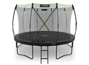 4260495759951 - KINETIC SPORTS Premium Outdoor Trampolin Ultimate Pro für Kinder und Erwachsene Ø 244 305 366 427 cm – TÜV Rheinland geprüft Kürbis-Design AirMAXX Sprungtuch mit Leiter Fieberglas bis zu 160 kg Ø 366 cm Max 160 kg Black Edition