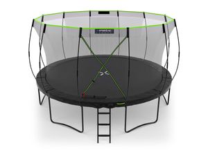 4260495759999 - KINETIC SPORTS Premium Outdoor Trampolin Ultimate Pro für Kinder und Erwachsene Ø 244 305 366 427 cm – TÜV Rheinland geprüft Kürbis-Design AirMAXX Sprungtuch mit Leiter Fieberglas bis zu 160 kg Ø 427 cm Max 160 kg Black Edition