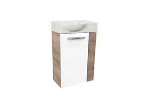 4260527900252 - A-vero sbc Gäste-WC Set 2 Teile – Waschtischunterschrank in Weiß mit Holz Braun mit Waschbecken Keramik – Waschbeckenunterschrank schmal –