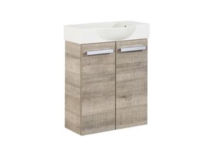 4260527900382 - A-vero sbc Gäste-WC Set 2 Teile – Waschtischunterschrank in Holz Braun mit Waschbecken aus Keramik – Waschbeckenunterschrank schmal – 2 Türen –