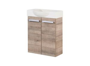 4260527900399 - A-vero sbc Gäste-WC Set 2 Teile – Waschtischunterschrank in Holz Braun mit Waschbecken aus Keramik – Waschbeckenunterschrank schmal – 2 Türen –