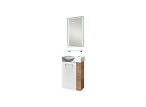 4260527900580 - Sbc milano Gäste wc Set 4-teilig 45 cm Braun hell Weiß links Keramik Hahnloch rechts LED-Spiegel + Glasablage-90058145 - Fackelmann