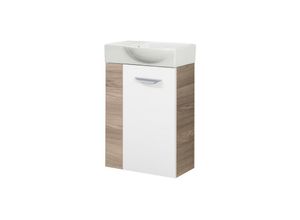 4260527900719 - Luxor sbc Gäste-WC Set 2 Teile – Waschtischunterschrank Weiß mit Holz Braun mit Waschbecken aus Keramik – Waschbeckenunterschrank schmal –