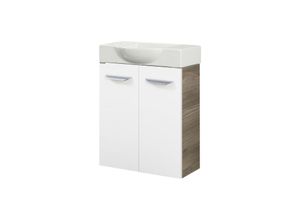 4260527900795 - Luxor sbc Gäste-WC Set 2 Teile – Waschtischunterschrank in Weiß mit Holz Braun mit Waschbecken aus Keramik – Waschbeckenunterschrank schmal – 2 Türen