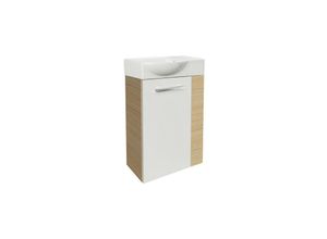 4260527901051 - B style sbc Gäste-WC Set 2 Teile – Waschtischunterschrank Weiß mit Holz Braun mit Waschbecken Keramik – Waschbeckenunterschrank schmal – Türanschlag