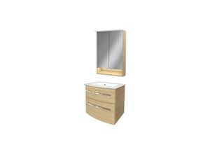 4260527901716 - - bstyle Badmöbel Set – Waschbecken mit Unterschrank und LED-Spiegelschrank in Holz braun – Waschbeckenunterschrank 60 cm hängend breit –