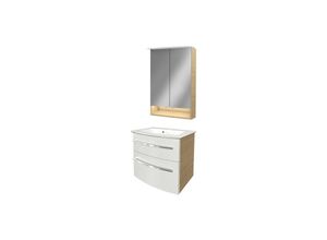 4260527901723 - BSTYLE Badmöbel Set – Waschbecken mit Unterschrank und LED-Spiegelschrank in Weiß mit Holz braun – Waschbeckenunterschrank 60 cm hängend