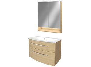 4260527901761 - - bstyle Badmöbel Set – Waschbecken mit Unterschrank und LED-Spiegelschrank in Holz braun – Waschbeckenunterschrank 80 cm hängend breit –