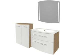 4260527901907 - Bstyle Badmöbel Set mit Waschbecken mit Unterschrank 80 cm breit – LED-Spiegel – Doppel-Midischrank in Weiß mit Holz braun – Badezimmermöbel in