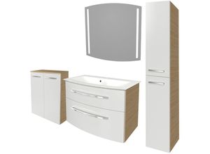 4260527902027 - Bstyle Badmöbel Set mit Waschbecken mit Unterschrank 80 cm breit – LED-Spiegel – Doppel-Midischrank und Hochschrank in Weiß mit Holz braun –