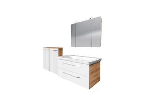 4260527903086 - Milano Badmöbel Set 4-teilig 100 cm Braun hell Weiß Keramik+Spiegelschrank+Doppel-Midischrank-90308145 - Fackelmann