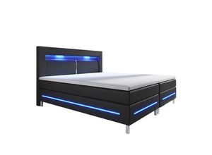 4260565521860 - Boxspringbett Norfolk – led Beleuchtung Bonell-Matratzen Topper & Kunstleder – 66 cm Komforthöhe – Bett Einzelbett 140 x 200 cm – schwarz - Juskys