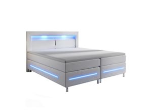 4260565521877 - Boxspringbett Norfolk – led Beleuchtung Bonell-Matratzen Topper & Kunstleder – 66 cm Komforthöhe – Bett Doppelbett 180 x 200 cm – weiß - Juskys