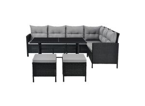 4260565522836 - Gartenlounge Manacor schwarz - Sofa Tisch Hocker & Kissen - 7 Personen - Sitzbezüge in Grau