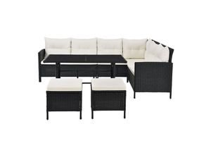 4260565522843 - Gartenlounge Manacor schwarz - Sofa Tisch Hocker & Kissen - 7 Personen - Sitzbezüge Creme