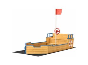 4260565523543 - Sandkasten Käptn Pit – Piratenschiff Boot aus Holz – Große Kinder Sandkiste für den Garten mit Bodenplane und Sitzbank Outdoor Sandbox - Juskys