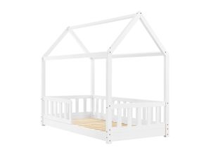 4260565524205 - Kinderbett Marli 80 x 160 cm mit Rausfallschutz Lattenrost und Dach - Hausbett für Kinder aus Massivholz - Bett in Weiß - Juskys