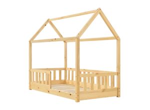 4260565524212 - Kinderbett Marli 80 x 160 cm mit Rausfallschutz Lattenrost und Dach - Hausbett für Kinder aus Massivholz - Bett in Natur - Juskys