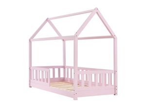 4260565524229 - Kinderbett Marli 80 x 160 cm mit Rausfallschutz Lattenrost und Dach - Hausbett für Kinder aus Massivholz - Bett in Rose - Juskys