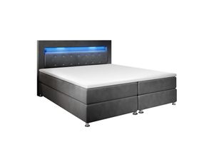 4260565525998 - Boxspringbett Vancouver – Doppelbett mit LED-Beleuchtung Topper & Bonell-Federkern-Matratzen – Bett Polsterbett mit Stoff - 140x200 cm Grau - Juskys