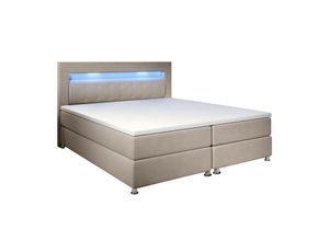 4260565526001 - Boxspringbett Vancouver – Doppelbett mit LED-Beleuchtung Topper & Bonell-Federkern-Matratzen – Bett Polsterbett mit Stoff - 140x200 cm beige