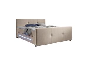 4260565526063 - Boxspringbett Houston – Doppelbett mit LED-Beleuchtung Topper & Bonell-Federkern-Matratzen – Bett Polsterbett mit Stoff - 140x200 cm Beige - Juskys