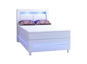 4260565526322 - Boxspringbett Norfolk – led Beleuchtung Bonell-Matratze Topper & Kunstleder – 66 cm Komforthöhe – Bett Doppelbett 120 x 200 cm – weiß - Juskys