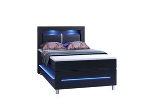 4260565526339 - Boxspringbett Norfolk – led Beleuchtung Bonell-Matratze Topper & Kunstleder – 66 cm Komforthöhe – Bett Doppelbett 120 x 200 cm – schwarz - Juskys