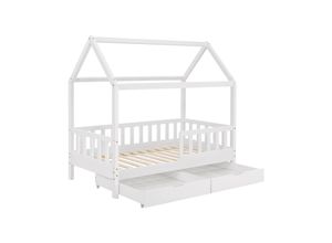 4260565527459 - Kinderbett Marli 80 x 160 cm mit Bettkasten 2-teilig Rausfallschutz Lattenrost & Dach - Massivholz Hausbett für Kinder - Bett in Weiß - Juskys