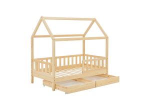 4260565527466 - Kinderbett Marli 80 x 160 cm mit Bettkasten 2-teilig Rausfallschutz Lattenrost & Dach - Massivholz Hausbett für Kinder - Bett in Natur - Juskys