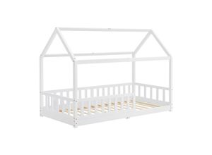 4260565527497 - Kinderbett Marli 90 x 200 cm mit Rausfallschutz Lattenrost und Dach - Massivholz Hausbett für Kinder - Bett in Weiß - Juskys