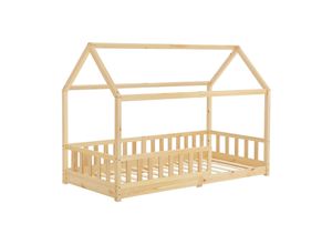 4260565527503 - Kinderbett Marli 90 x 200 cm mit Rausfallschutz Lattenrost und Dach - Massivholz Hausbett für Kinder - Bett in Natur - Juskys