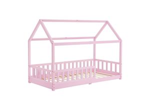 4260565527510 - Kinderbett Marli 90 x 200 cm mit Rausfallschutz Lattenrost und Dach - Massivholz Hausbett für Kinder - Bett in Rosa - Juskys