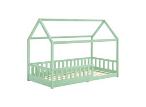 4260565527527 - Kinderbett Marli 90 x 200 cm mit Rausfallschutz Lattenrost und Dach - Massivholz Hausbett für Kinder - Bett in Mint - Juskys