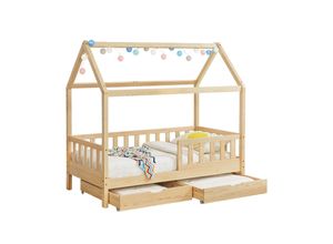 4260565527541 - Kinderbett Marli 90 x 200 cm mit Bettkasten 2-teilig Rausfallschutz Lattenrost & Dach - Massivholz Hausbett für Kinder - Bett in Natur - Juskys