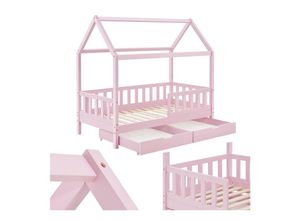 4260565527558 - Kinderbett Marli 90 x 200 cm mit Bettkasten 2-teilig Rausfallschutz Lattenrost & Dach - Massivholz Hausbett für Kinder - Bett in Rosa