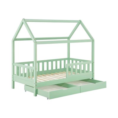 4260565527565 - Kinderbett Marli 90 x 200 cm mit Bettkasten 2-teilig Rausfallschutz Lattenrost & Dach - Massivholz Hausbett für Kinder - Bett in Mint - Juskys