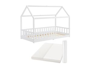 4260565527725 - Kinderbett Marli 90 x 200 cm mit Matratze Rausfallschutz Lattenrost & Dach - Massivholz Hausbett für Kinder - Bett in Weiß - Juskys